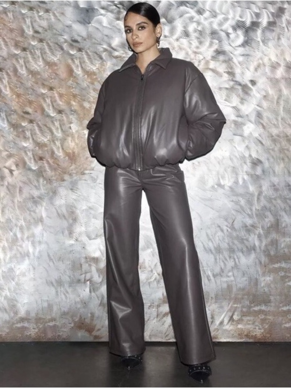 Padded Leather Effect Oversized Bomber Jacket by Future Collective